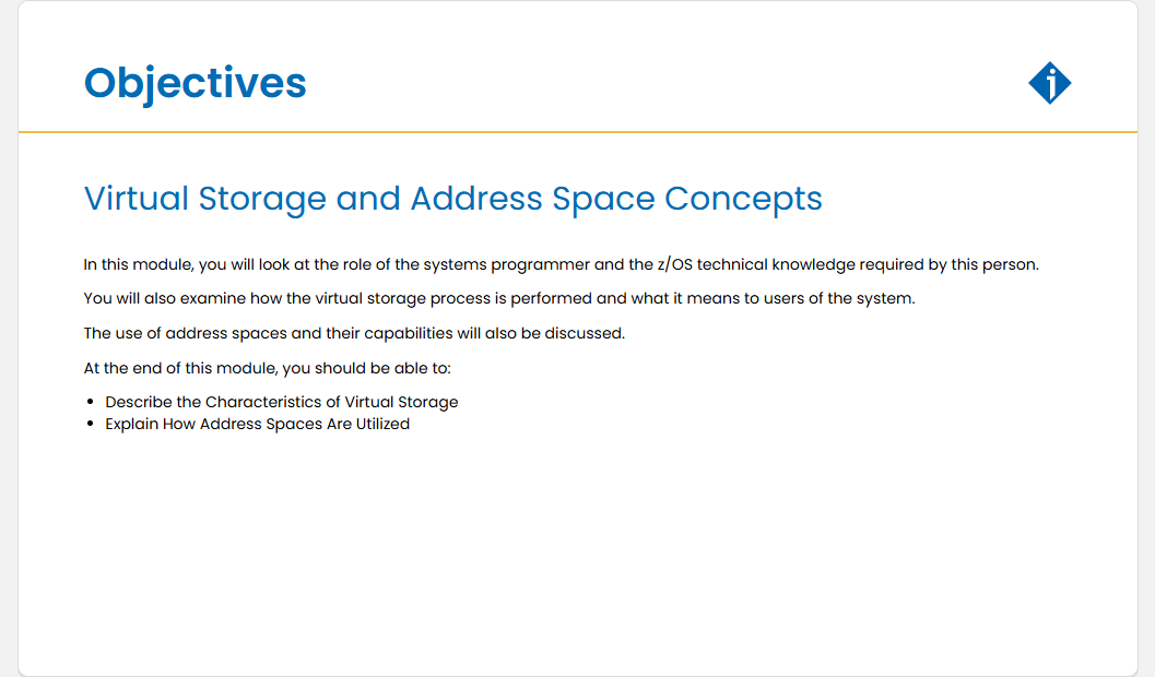 Virtual Storage and Address Space Concepts Virtual Storage and Address Space Concepts - Objectives screenshot