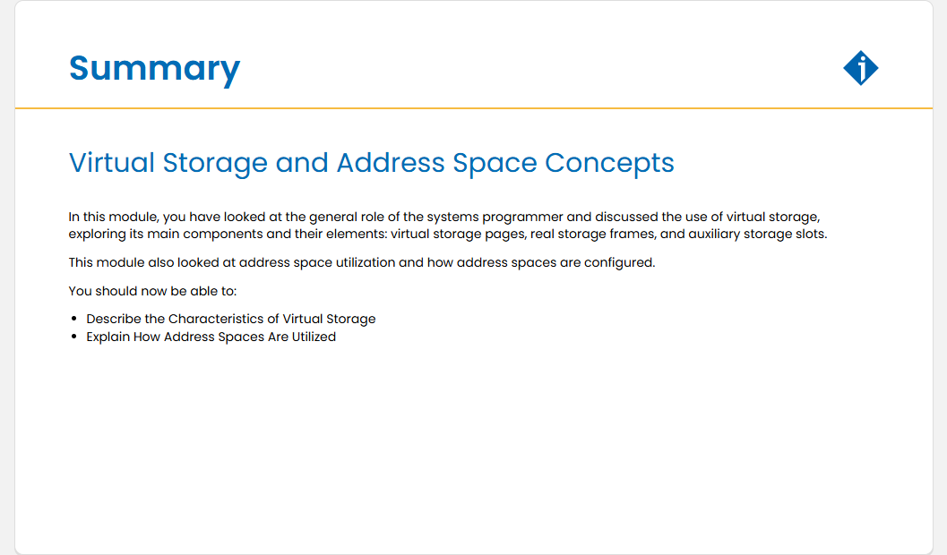 Virtual Storage and Address Space Concepts Quiz: Virtual Storage and Address Space Concepts - Summary screenshot