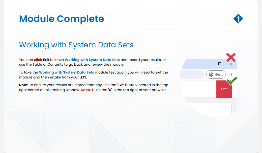 Working with System Data Sets Module Test: Working with System Data Sets - Module Complete screenshot
