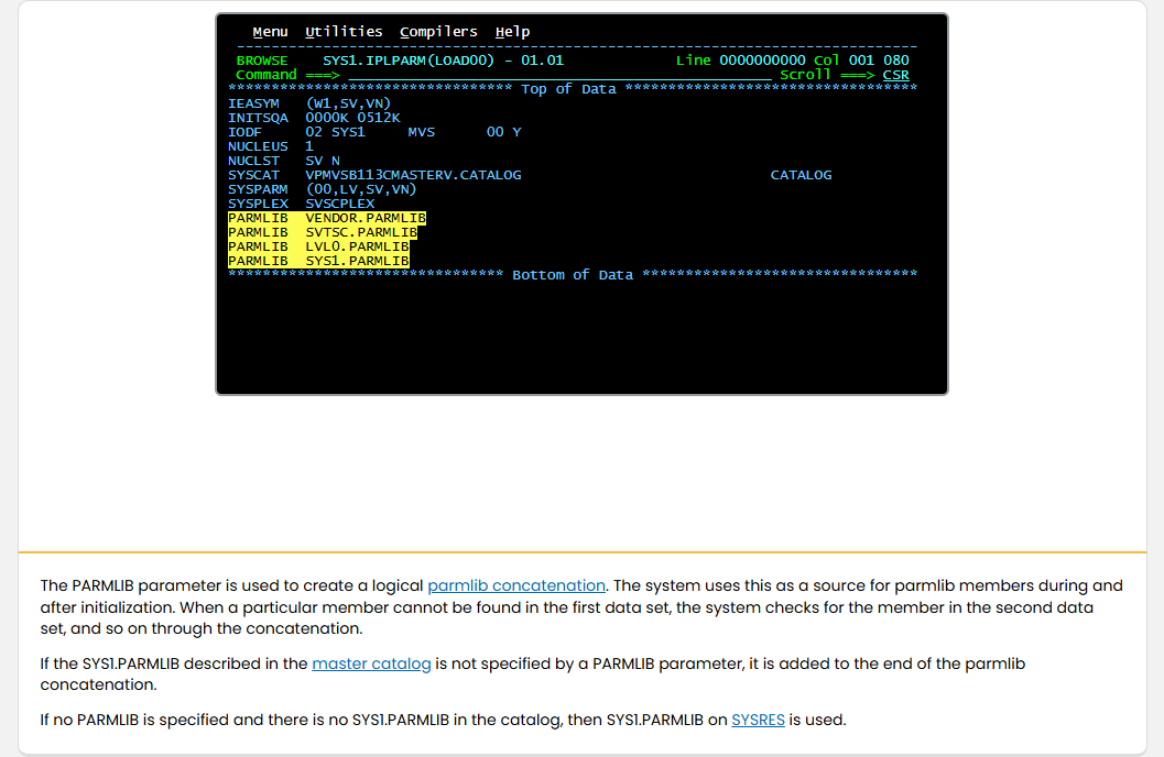 Working with System Parameter Lists The LOADxx Member: Working with System Parameter Lists - PARMLIB Parameter screenshot