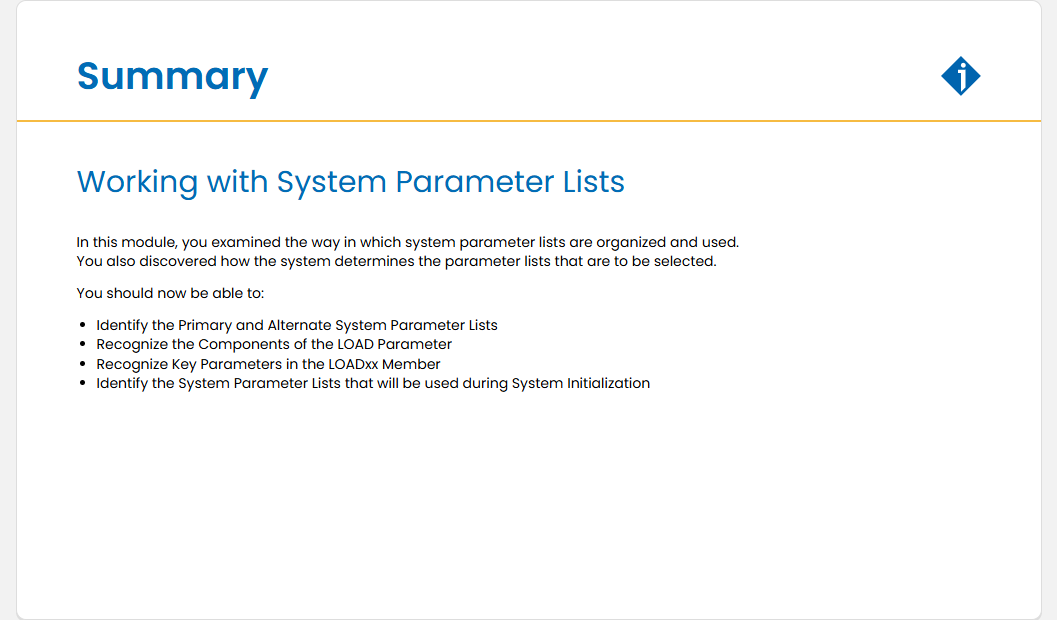 Working with System Parameter Lists Quiz: Working with System Parameter Lists - Summary screenshot