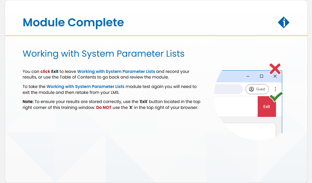 Working with System Parameter Lists Module Test: Working with System Parameter Lists - Module Complete screenshot